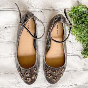 Torrid Velvet Ankle Strap Jewel Grey Flats | 10